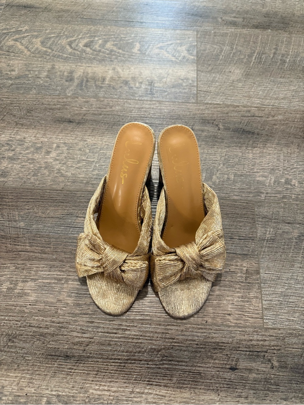 Lulu's Metallic Gold Knotted Slide Mules